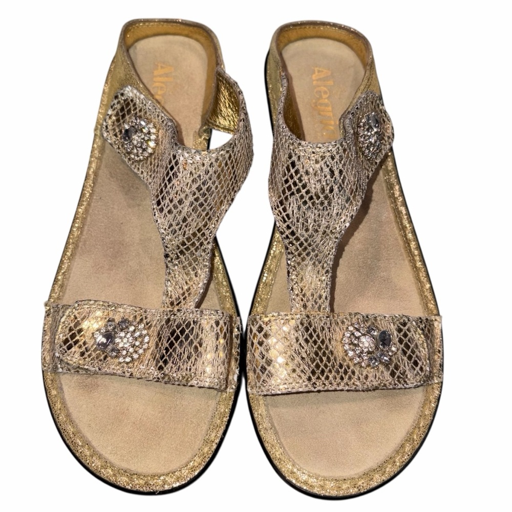Alegria Lara Gold Metallic Snake Print Wedge Slide Sandals Shoes size 39